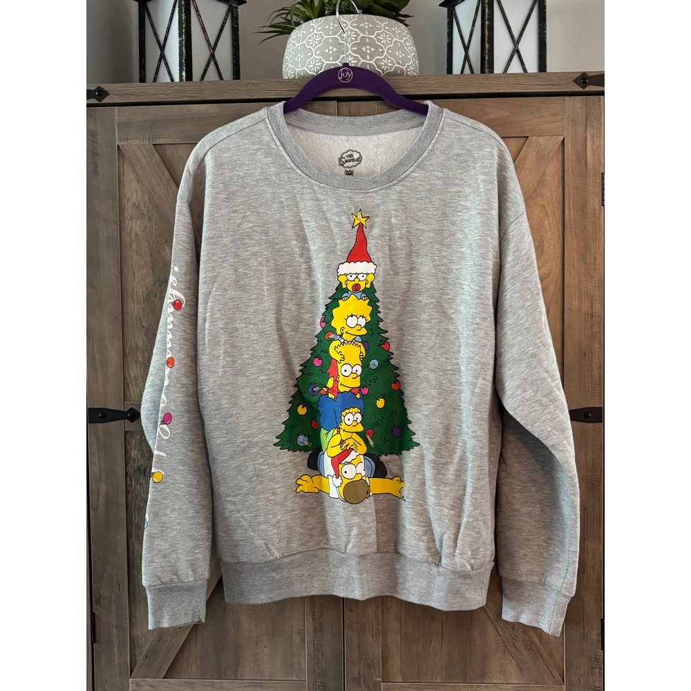 The Simpsons Christmas Tree Graphic Sweatshirt Gray Crewneck Mens Medium Holiday